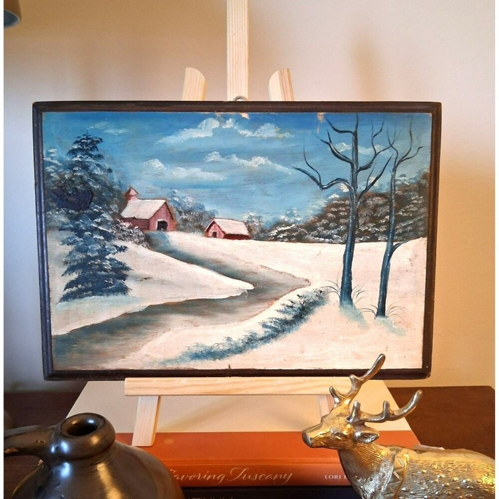 Vintage Winter Landscape Oil Painting On Wood Rustic Mid-Century 12.75" x 8.5"